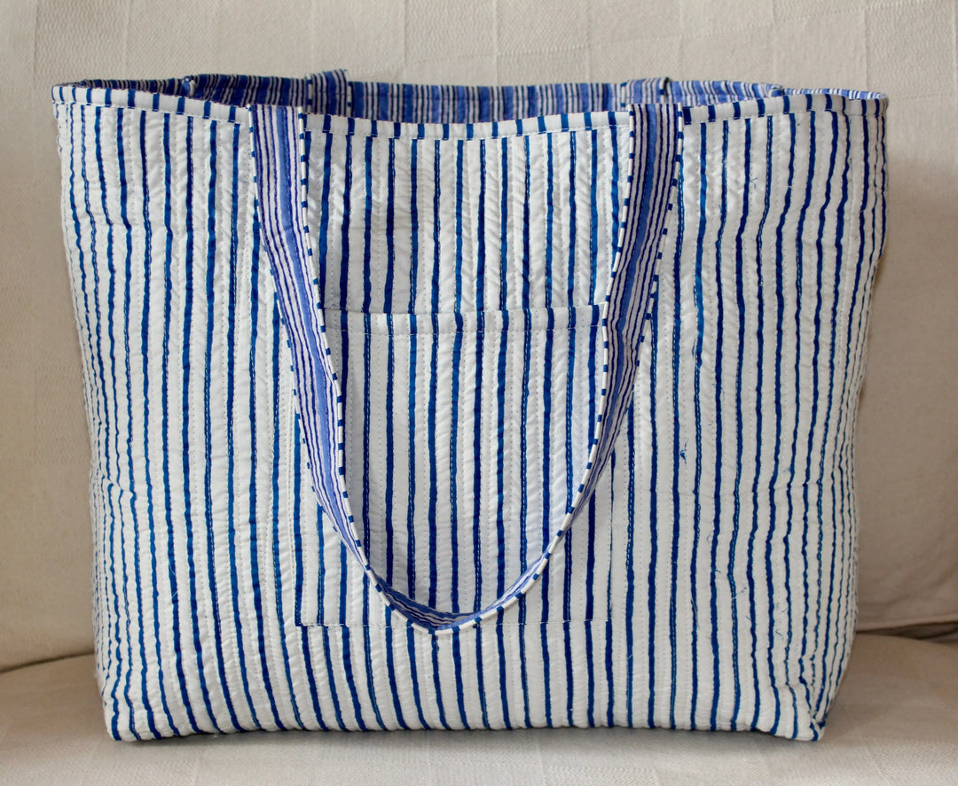 Quilted Cotton Reversible Tote Bag - FINE BLUE STRIPE Parasol-UK.com