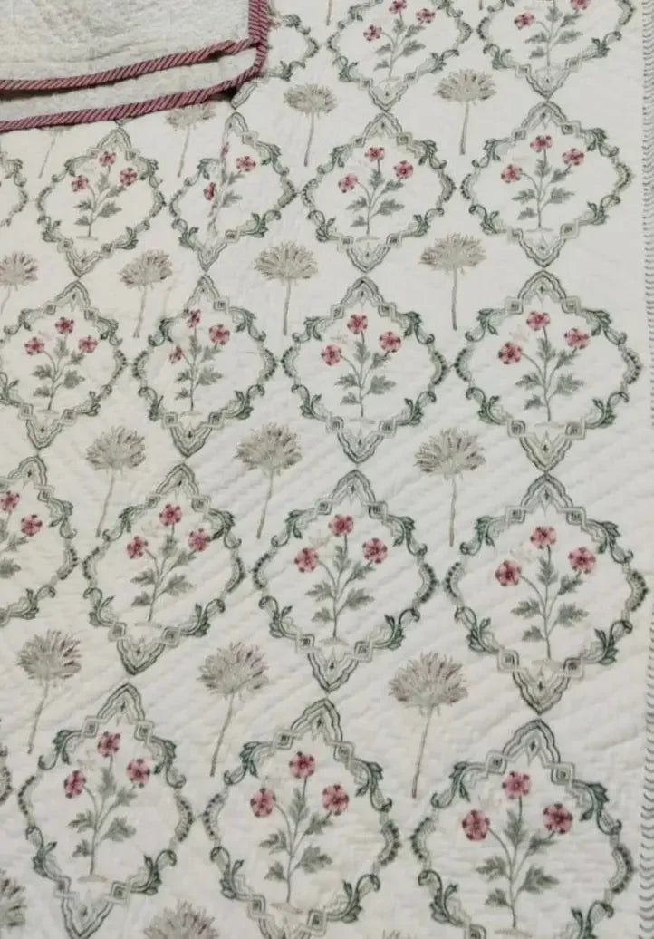 SOLD OUT Bed Cover - Reversible - Lilly Pilly Green and Pink Parasol-UK