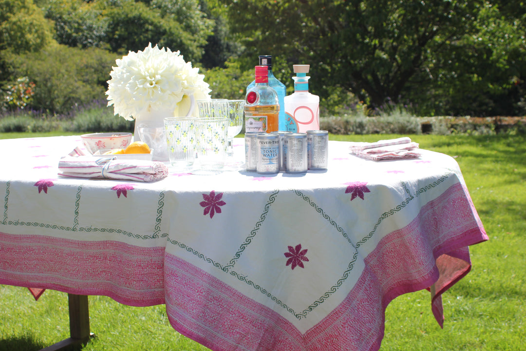 Parasol-UK's exclusive copy of this ravishing vintage tablecloth has a printed pink border and green trellis to make it affordable, but has hand-embroidered rosettes in each square in a faithful replica of the beautiful 70 year old original. 