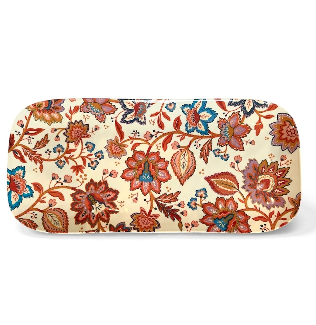 Decorative melamine long shallow plate with floral pattern 