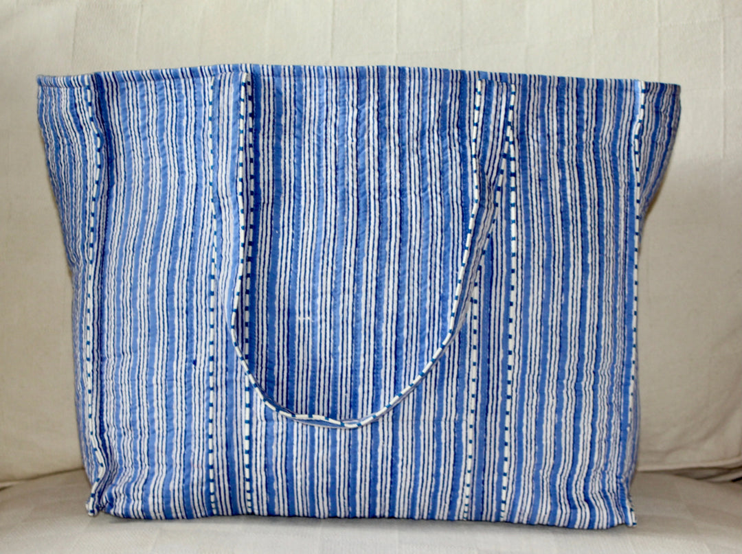 Quilted Cotton Reversible Tote Bag - FINE BLUE STRIPE Parasol-UK.com