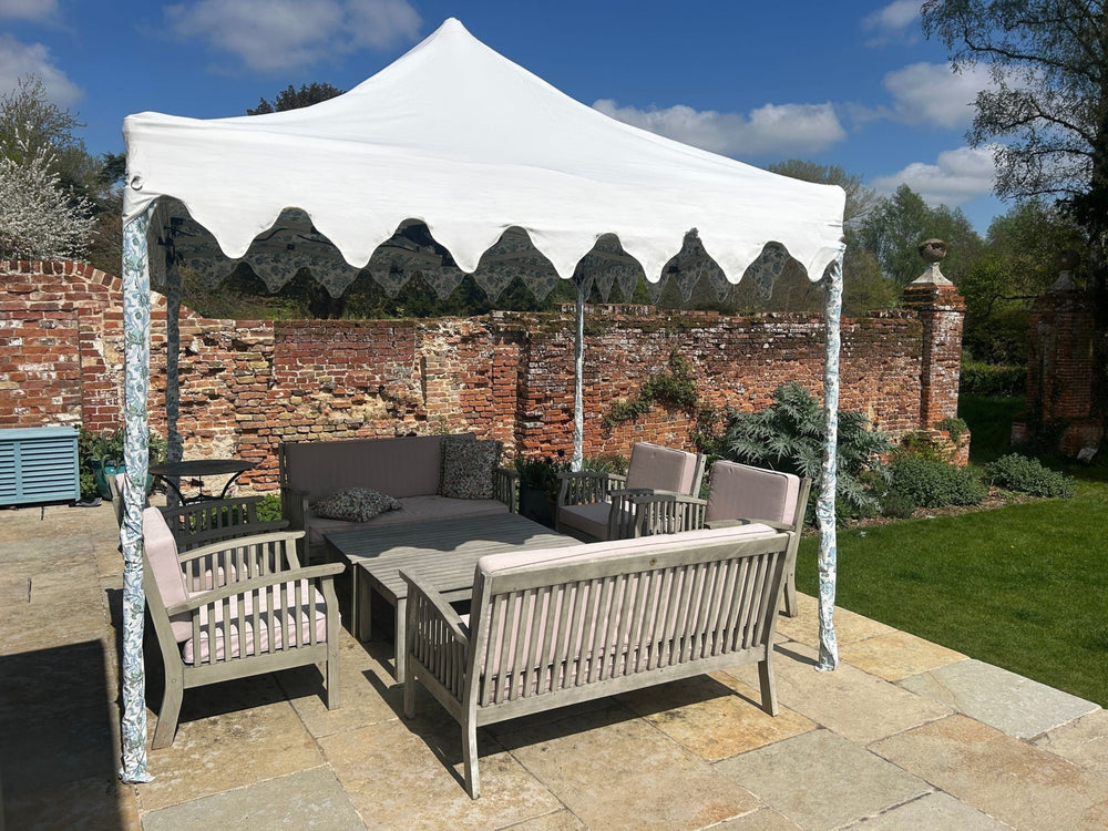 3m x 3m Luxury Comberton Gazebo in Sea Story on a white  pop up frame with stockings